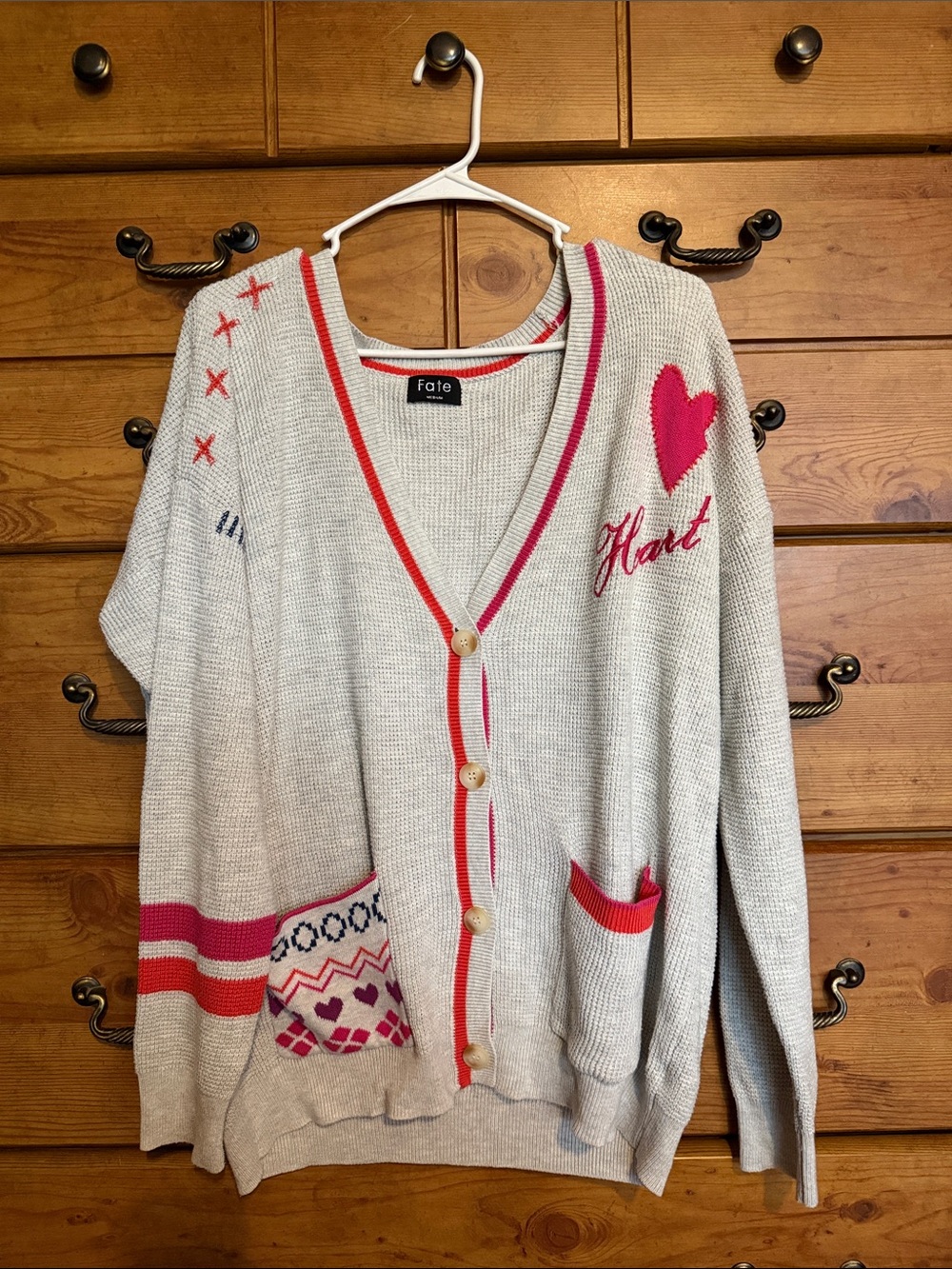 Fate Gray Cardigan with Pink Heart and Stripe Trim
